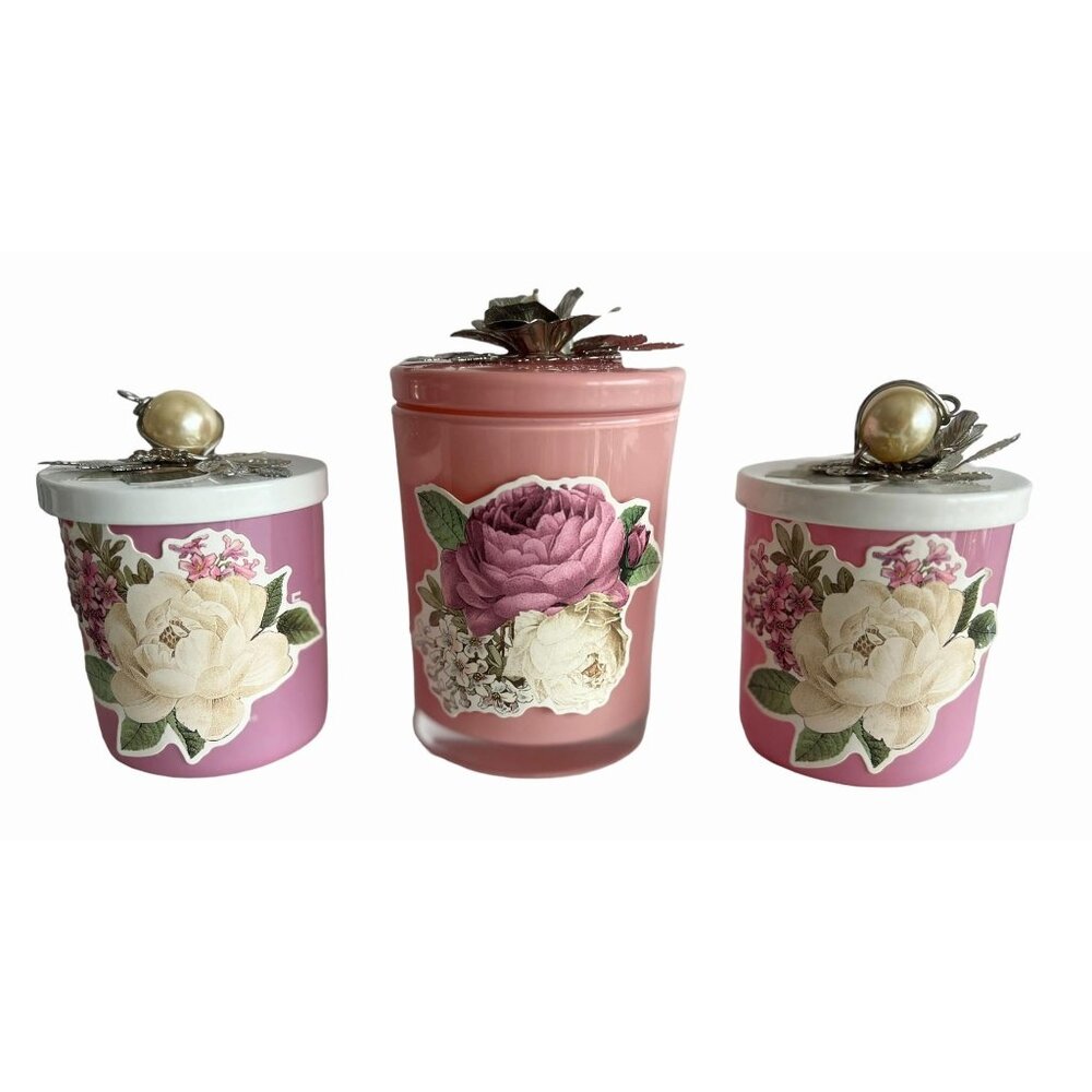 3-Piece Peony Roses Vanity Set Jewel Encrusted Lid Tassle Storage Jar Jeweled